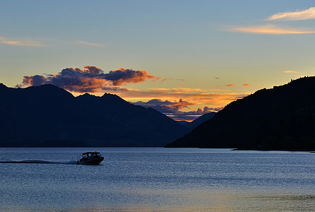 lake, sunset, landscape, mountain, ship