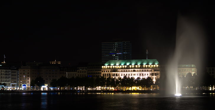 Hamburg, Alster, apa, noapte, Hotel patru anotimpuri, patru anotimpuri, Hotel