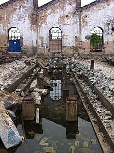 water reflection, old, broken, run down, building, lapsed, ruin