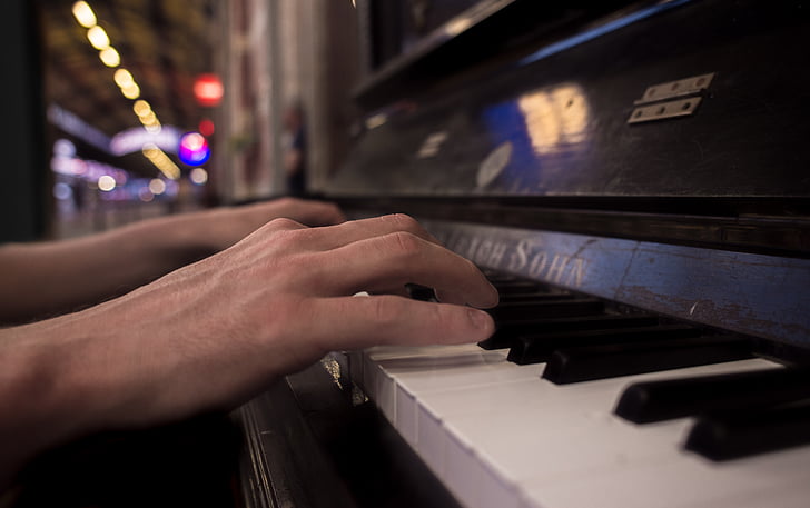 playing, piano, hands, person, instrument, music, notes