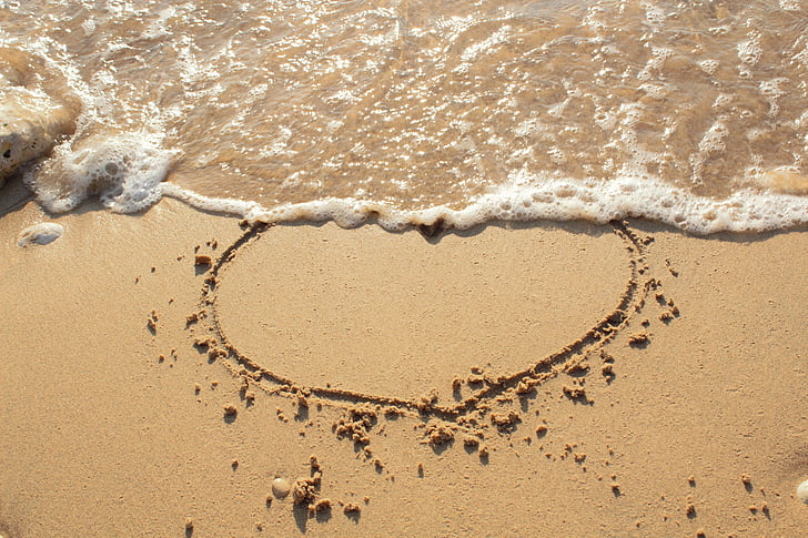 širdies, smėlio, jūra, vasaros, paplūdimys, banga, brėžinys
