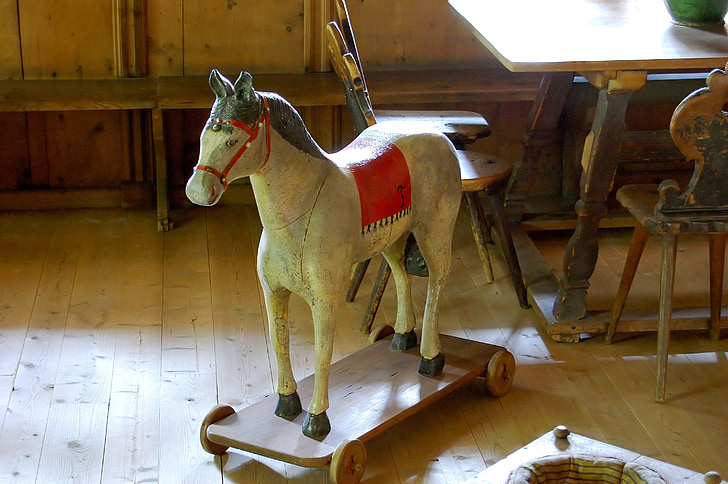 cheval de bois, ferme, vieux, Dim, jouets, enfants, meubles rustiques