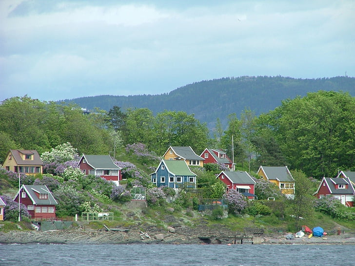 Noruega, paisaje, paisaje, fiordo, Scenic, colina, casas