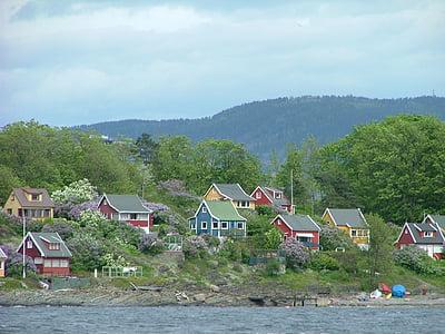 Norveška, krajine, kulise, fjord, scensko, pobočje, hiše