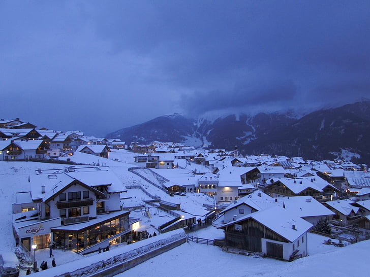 dusk, twilight, snow landscape, wintry, village, alpine village, abendstimmung