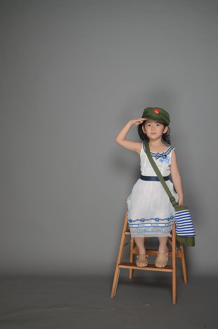 cute, military cap, army backpack, child, girls, studio, original photo
