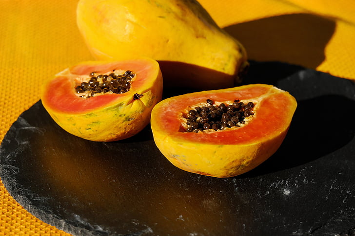 Papaya, ovocie, znížiť na polovicu, rez, vitamíny, jesť, jedlo