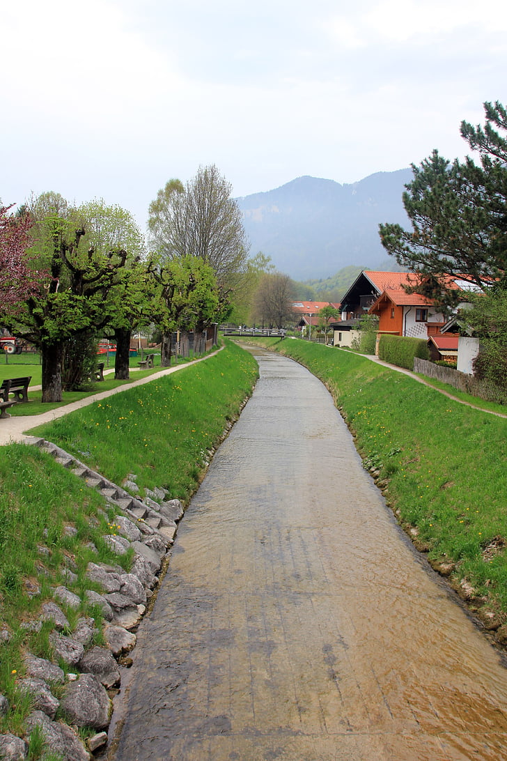 Baviera, Chiemgau, fiume, acqua, acqua corrente, paesaggio, Case