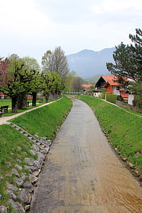 Bawaria, Chiemgau, Rzeka, wody, bieżącej wody, krajobraz, Domy