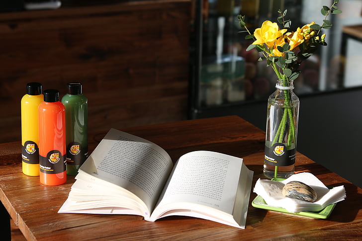 juice, book, cafe, reading, table