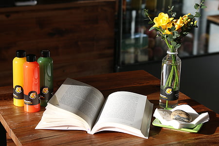 주스, 도 서, 카페, 읽기, 테이블