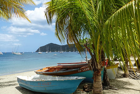caribbean, boats, palm, beach, sea, blue, sand