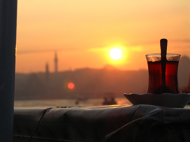 thee, Bosporus, Turkije, Istanbul, zon, zonsondergang, sillhouette