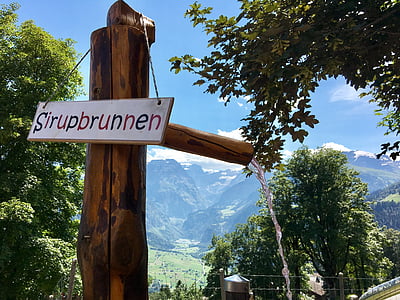 Sirup-Brunnen, süßes Getränk, Berge, Landschaft, Sommer, Natur, Schild