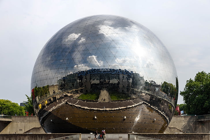 геодезическа купол, ла géode, огледало-завършен, театър, Парк дьо ла Вилет, Париж, градини
