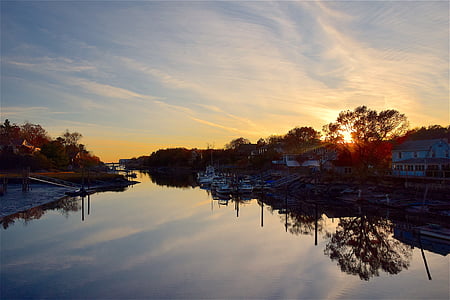 Dermaga, Pelabuhan, air, langit, musim gugur, Connecticut, perahu
