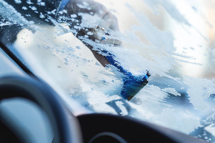 abstract, snow, winter, car, transportation, windshield, blue