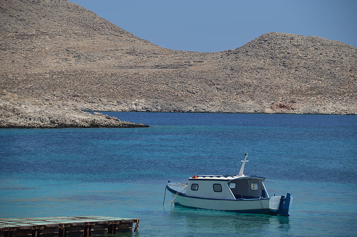 Chalki, Bay, boot, Griekenland, eiland, zee, water