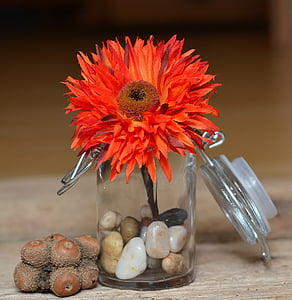 Blume, Stoffblume, Kunst Blume, Orange, Blüte, Bloom, dekoratives Glas