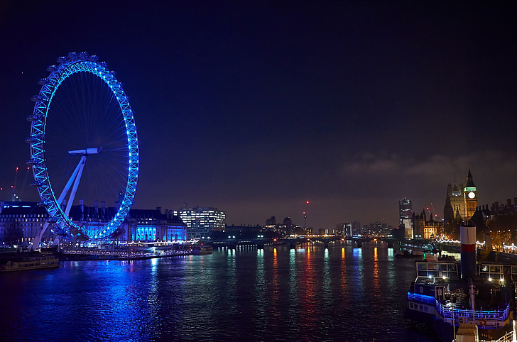 silmä, Lontoo, yö valokuva, London Eye-maailmanpyörä, sininen, Iso-Britannia, parlamentin
