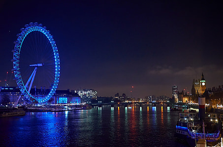 the eye, london, night photograph, london eye, blue, united kingdom, parliament