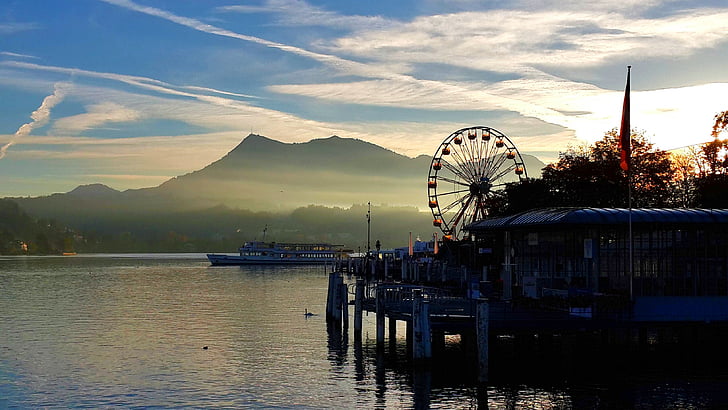 peaceful, sunset, lake lucerne, water, wheel of fortune, mountain