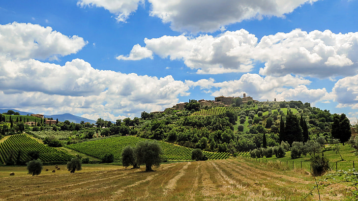 tuscany, italy, landscape, sky, clouds, village, hill