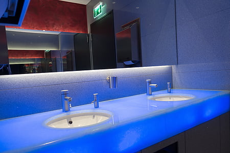 toilet, bathroom sink, space, interior design, light, interior, blue