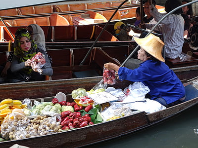 Damnoen Saduak mercado flutuante, Tailândia, tradicional, Banguecoque, água, mercado, pessoas