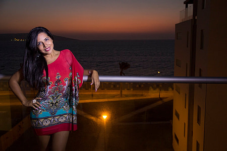 women, latin, peruvian, red dress, mini dress, beach at night, ocean view