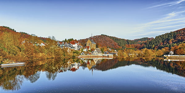 Herbst, Wasser, Dorf, Landschaft, See, Wasserreflexion, Panorama