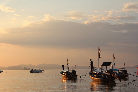 solnedgång, humör, belysning, Afterglow, siluett, båtar, fiskebåtar