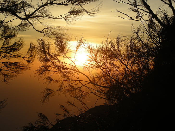 východ slunce, Příroda, stíny, silueta, směrem k hoře arjuna, Indonésie