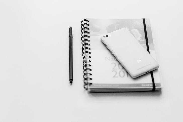 black, white, notebook, pen, mobile, black and white, phone