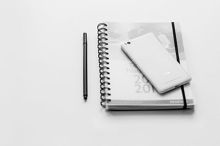 svart, vit, anteckningsboken, Pen, mobila, svart och vitt, telefon