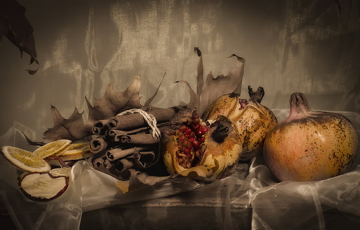 zátišie, Granátové jablko, sušené ovocie, jeseň, jedlo, Halloween