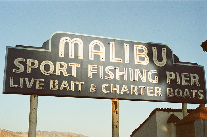 Malibu, urheilu, Kalastus, Pier, opasteet, merkki, teksti