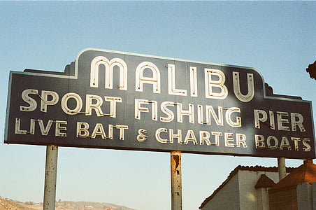 Malibu, sport, fiske, Pier, skilting, tegn, tekst