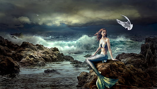 mermaid, fantasy, mystical, nature, sea, beautiful, rock