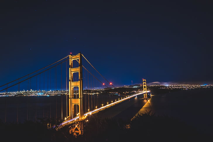 aukso, vartai, tiltas, naktį, laikas, Golden gate tiltas, San Franciskas
