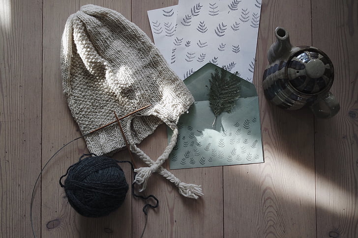 yarn, thread, knitting, clothing, beanie, envelope, teapot