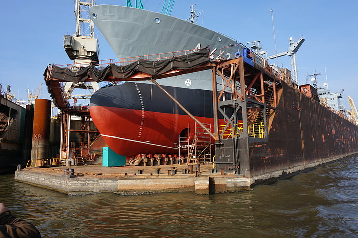 Hamburgas, uosto, laivas, uosto dokas, laivo remonto darbus, sausajame doke