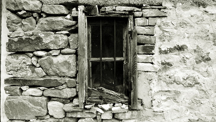finestra, arruïnat, vell, Maó, negre, blanc