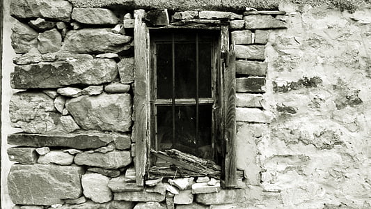 jendela, hancur, lama, batu bata, hitam, putih