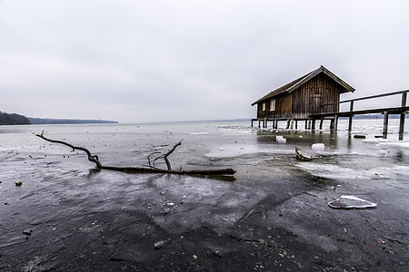Ammersee, casa barco, congelados, agua, Lago, Web, Baviera