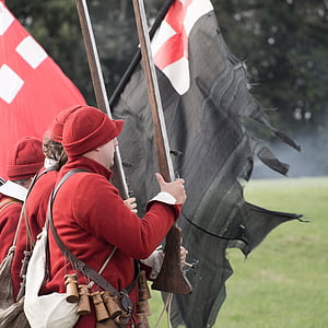 Batalla, soldado, artillería, arma, histórico, representando, guerra civil inglesa