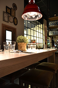 restaurant, interior, industrial design, high table, dynamics, lighting, industry window
