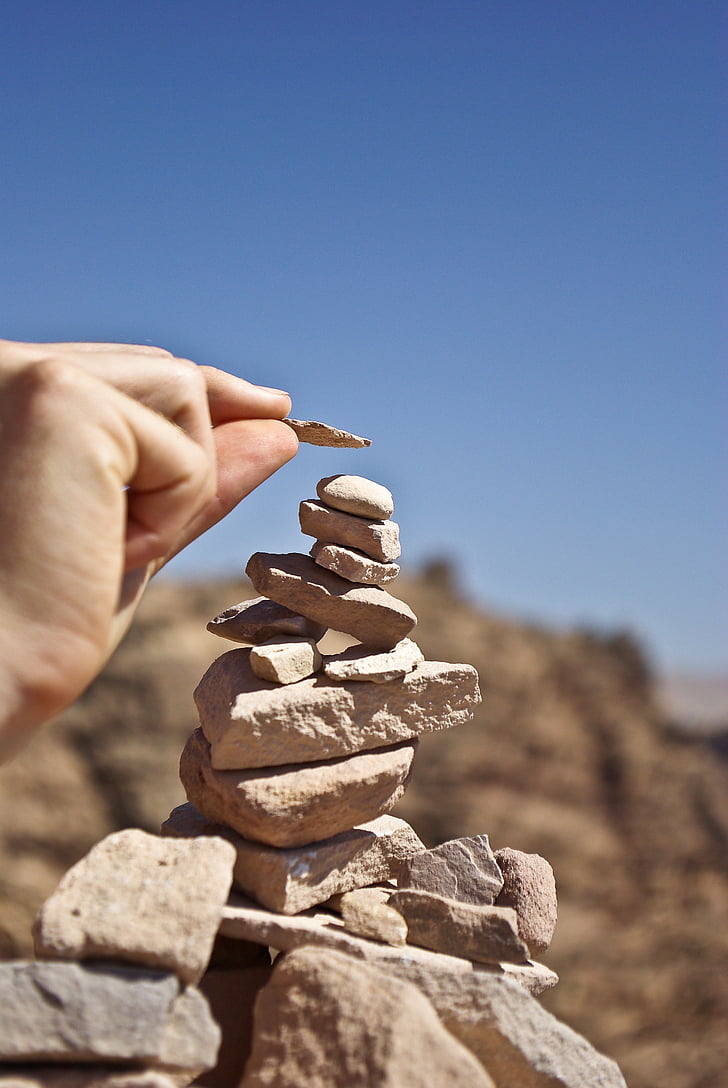 Rock, Balancing, Petra, Jordan, stenen, stapel, woestijn, menselijke hand