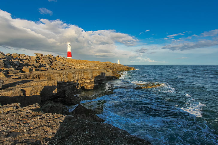 ocean, portland, lighthouse, rocks, england