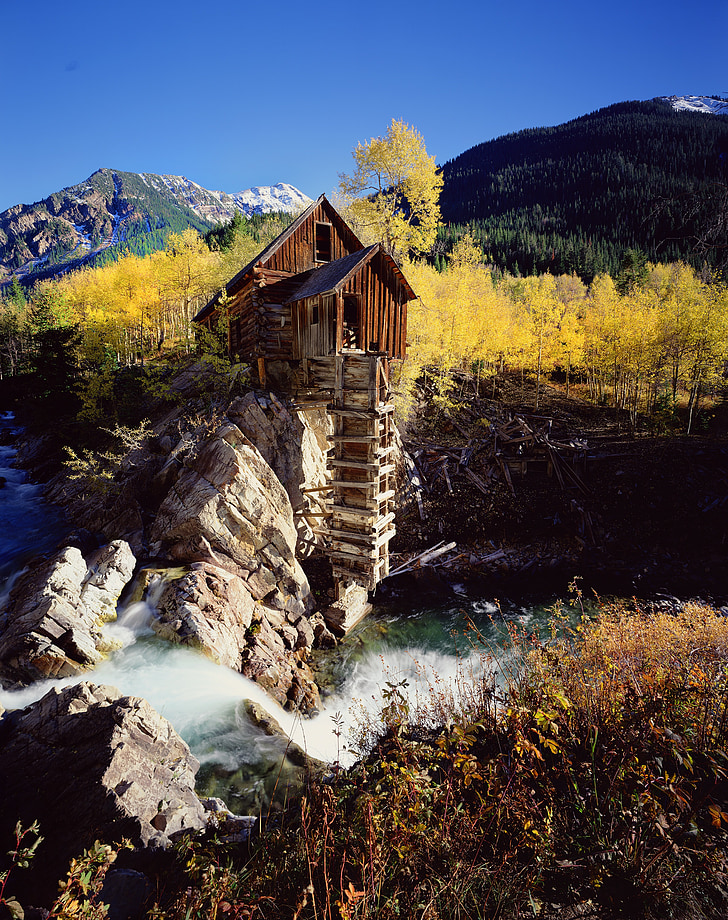 Crystal mill, Colorado, ősz, város, hegyek, malom, víz